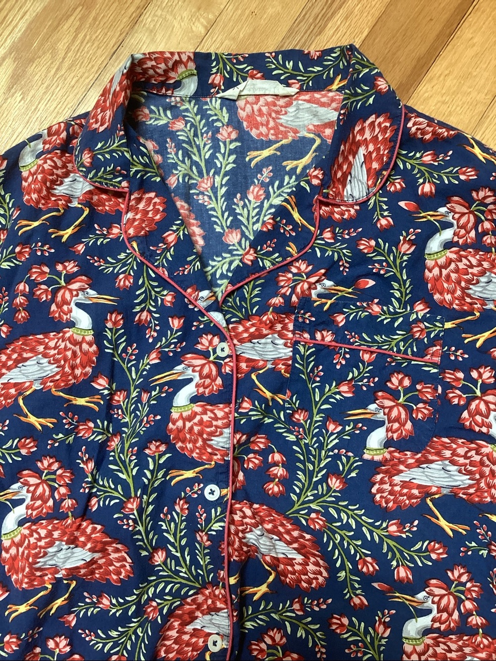 PRINTFRESH Queen Lotus Long Pajamas Set Size small 100% Cotton Indigo Egret - Picture 4 of 10